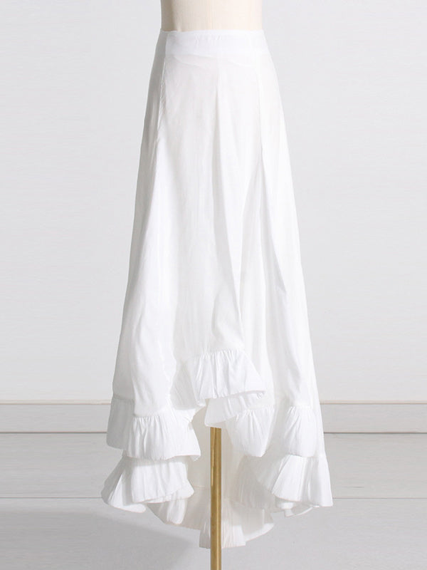 Pleated Ruffled Solid Color High Waisted High-Low Mock Neck Two Pieces Set