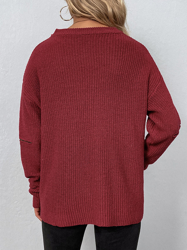 Hollow Solid Color Zipper Long Sleeves Loose V-Neck Sweater Tops Pullovers