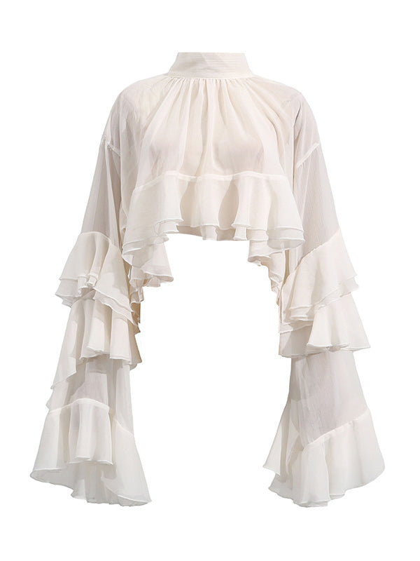 Pleated Ruffle Trim See-Through Solid Color Tied False Two Flared Sleeves Mock Neck Blouses&Shirts Tops
