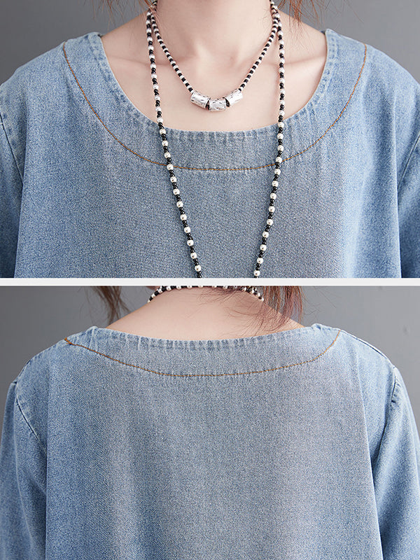 Artistic Retro Loose Denim Applique Round-Neck Long Sleeves Midi Dress