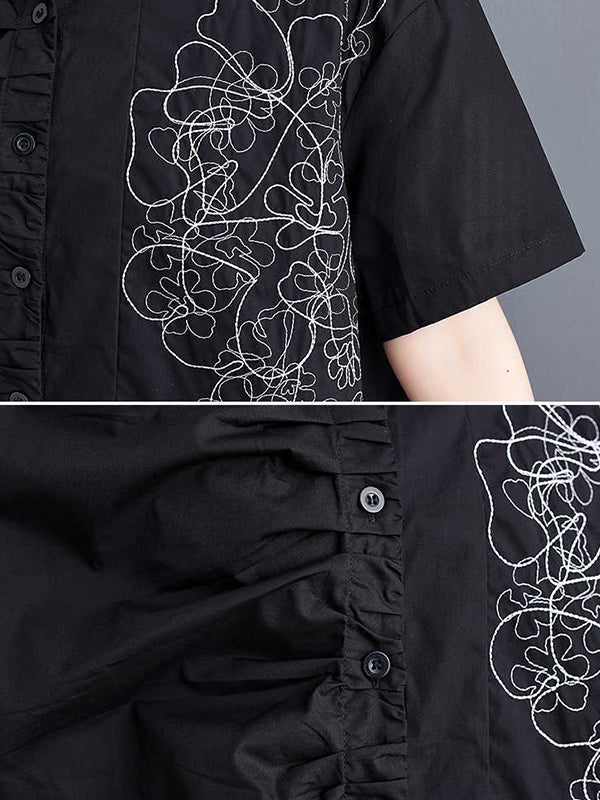 Buttoned Embroidered Pleated Irregularity Loose Lapel Collar Blouses&Shirts Tops