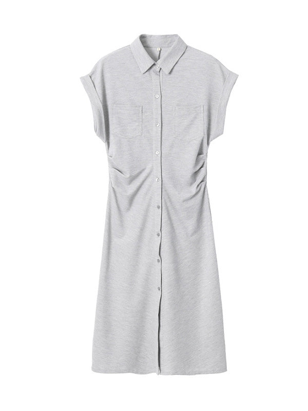 Buttoned Pleated Pockets Solid Color Split-Joint High Waisted Loose Lapel Midi Dresses