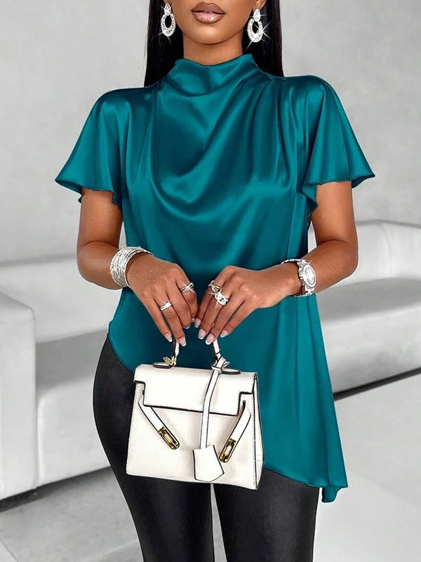 Asymmetric Solid Color Loose Short Sleeves Mock Neck Blouses&Shirts Tops
