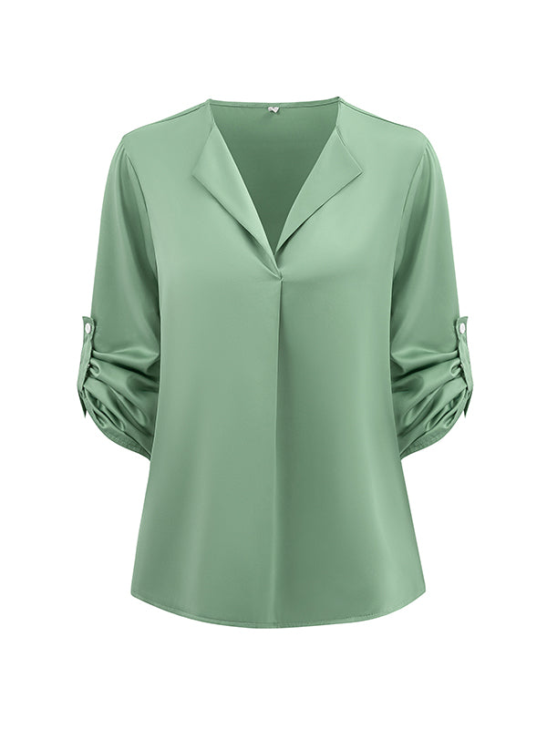 Elasticity Solid Color Long Sleeves Loose V-neck Blouses&shirts Tops
