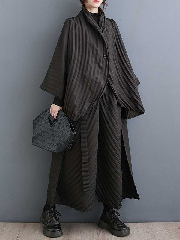 Stand Collar Long Sleeves Loose Buttoned Pleated Solid Color Shirts Top + Pants Bottom Two Pieces Set