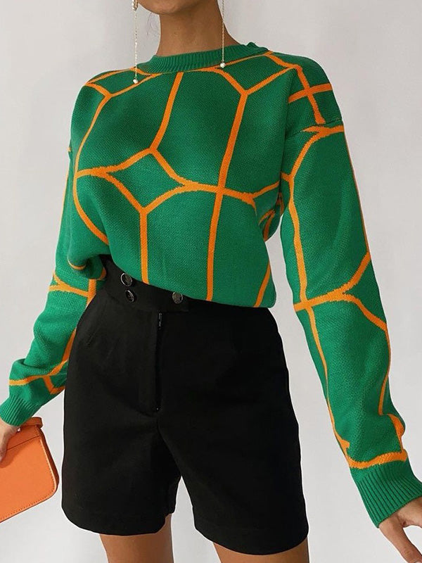 Geometric Long Sleeves Loose Round-Neck Sweater Tops Pullovers Knitwear