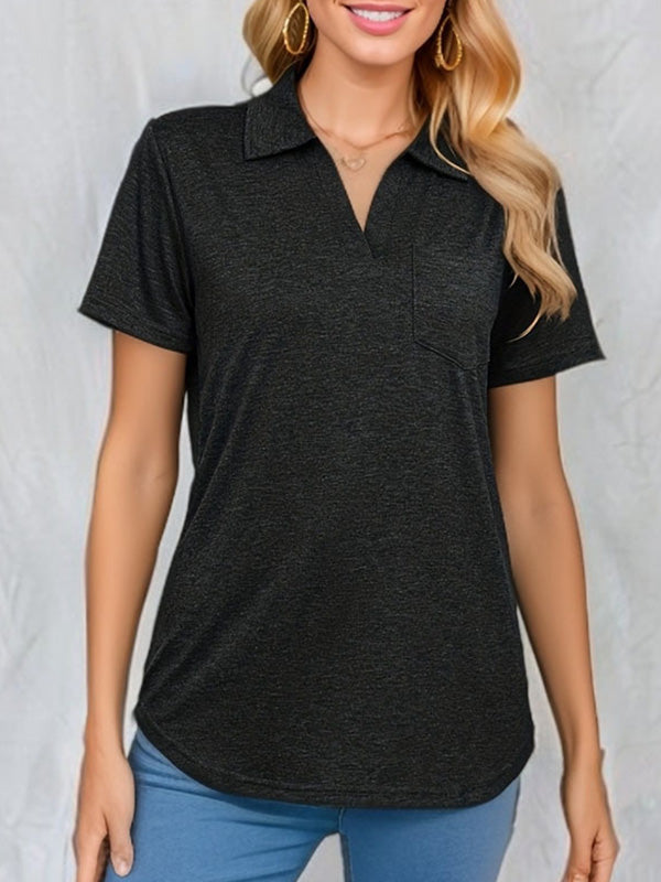Pockets Solid Color Loose Short Sleeves Lapel T-Shirts Tops