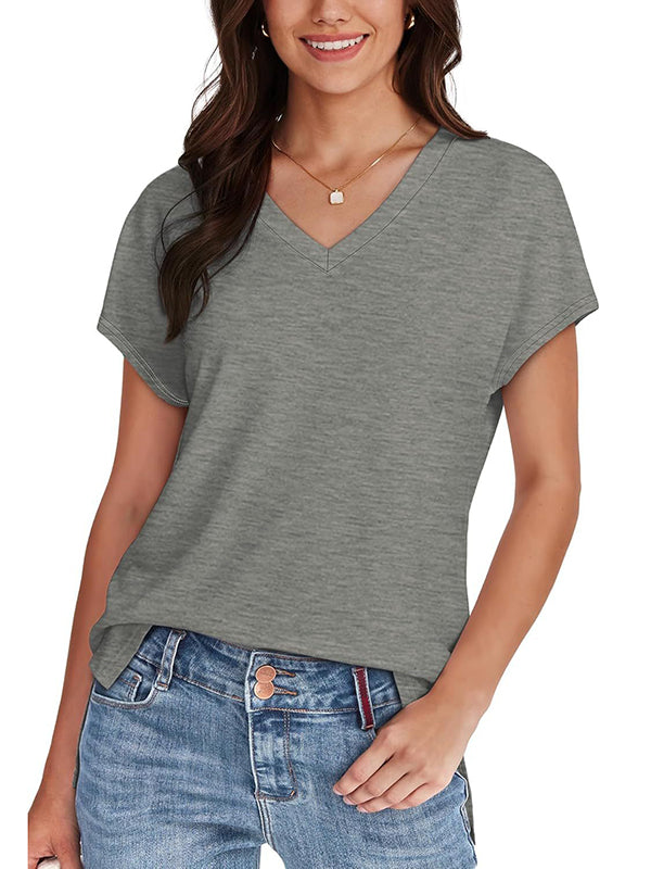 Solid Color Split-Joint Split-Side High-Low Raglan Sleeve V-Neck T-Shirts