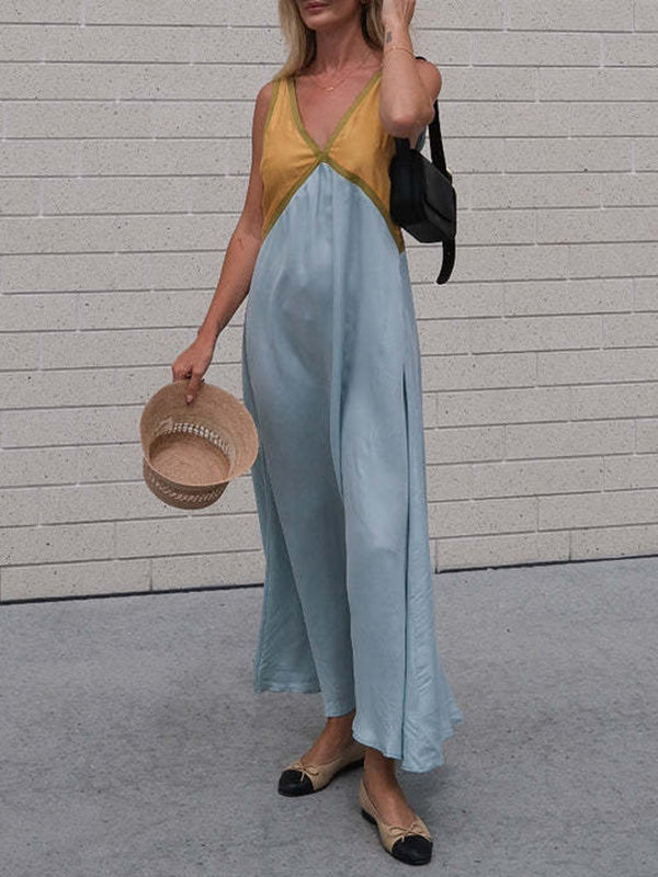 Contrast Color Split-Joint Loose Sleeveless Deep V-Neck Maxi Dresses