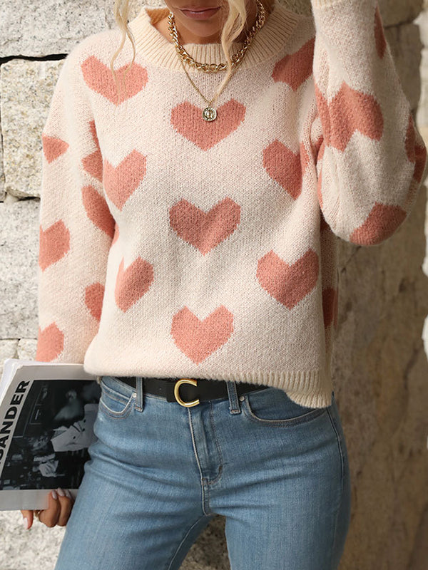 Heart Print Jacquard Split-Joint Long Sleeves Loose Round-Neck Sweater Tops Pullovers