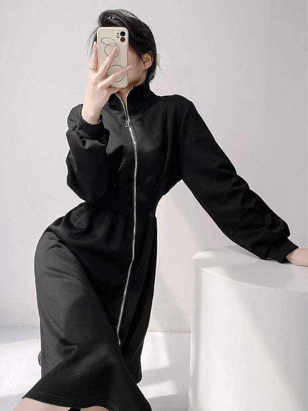 Asymmetric Split-Front Zipper Long Sleeves High Neck Midi Dresses