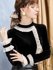 Asymmetric Contrast Color Split-Joint Long Sleeves Ruffle Sleeves Half Turtleneck T-Shirts Tops