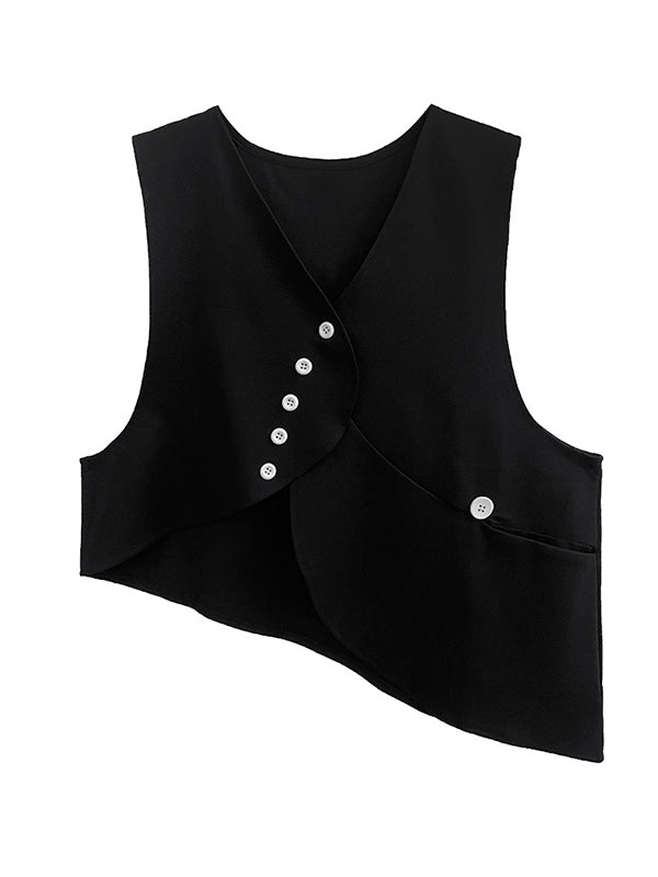 Original Loose Lace-Up Hollow Sleeve Blouse+Black Vest+Wide Leg Pants Culotte Three Pieces Set