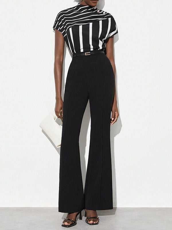 Asymmetric Split-Joint Striped Batwing Sleeves Loose High Neck T-Shirts Tops