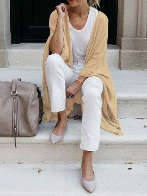 Solid Color Batwing Sleeves Loose Collarless Cardigan Tops