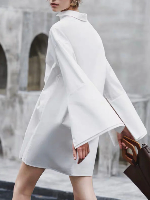 Buttoned Solid Color Long Sleeves Loose Lapel Shirt Dress Mini Dresses