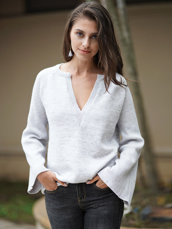 Casual Long Sleeves Loose Solid Color V-Neck Sweater Tops