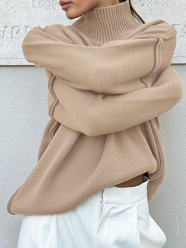 Solid Color Split-Joint Long Sleeves Loose High Neck Sweater Tops Pullovers