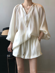 Split-Joint Solid Color  Sun Protection Tied V-neck Long Sleeves Top + Shorts Two Pieces Set