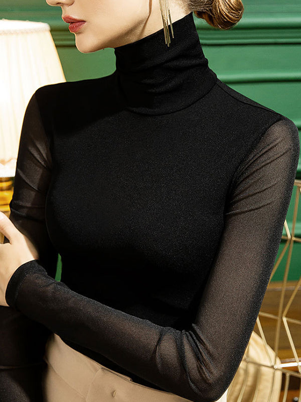 See-Through Solid Color Split-Joint Long Sleeves Plus Size High Neck T-Shirts