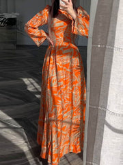 Flower Print Pleated Zipper A-Line High Waisted Mock Neck Maxi Dresses