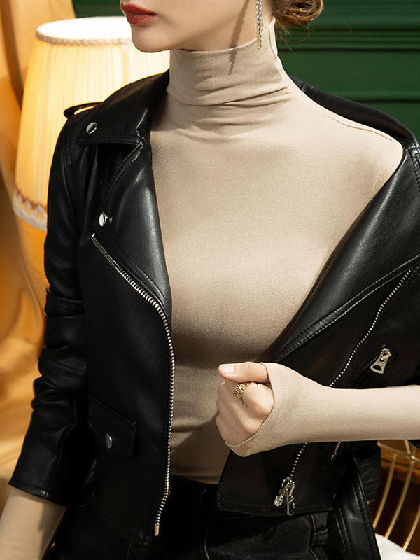 Solid Color Split-Joint Long Sleeves Plus Size High Neck T-Shirts Tops
