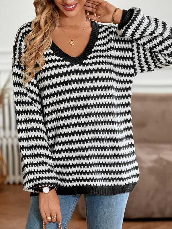 Striped Long Sleeves Loose V-Neck Sweater Tops Pullovers