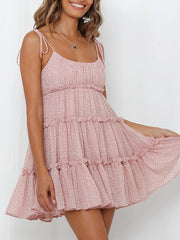 Layered Pleated Polka-Dot Split-Joint Tied A-Line Loose Spaghetti-Neck Mini Dresses