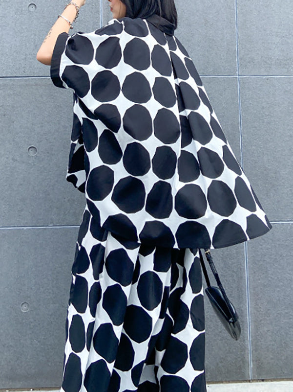 Round-Neck Batwing Sleeves Buttoned Polka-Dot Shirts Top + Elasticity Pockets Harem Pants Pants Bottom Two Pieces Set