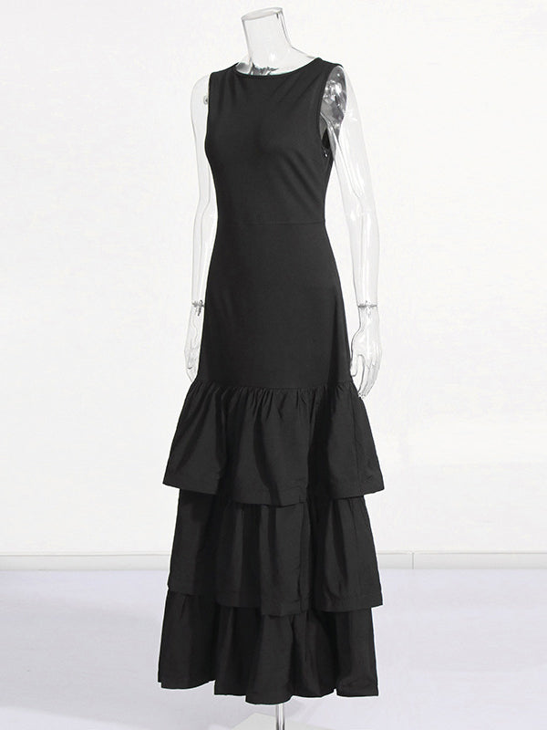 Layered Pleated Solid Color Split-Joint Zipper Bodycon High Waisted Round-Neck Maxi Dresses