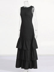 Layered Pleated Solid Color Split-Joint Zipper Bodycon High Waisted Round-Neck Maxi Dresses
