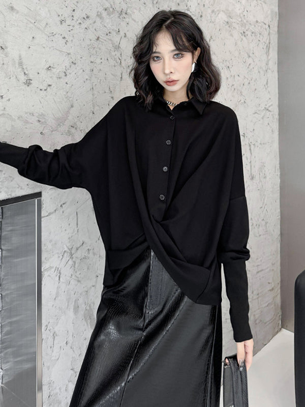 Buttoned Solid Color Twist Hipster Irregularity Lapel Collar Blouses&Shirts Tops