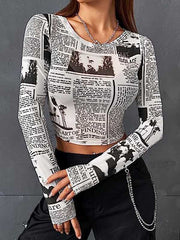 Letter Print Long Sleeves Skinny Round-Neck T-Shirts Tops
