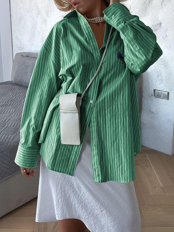 Buttoned Pockets Striped Long Sleeves Loose Lapel Blouses&Shirts Tops