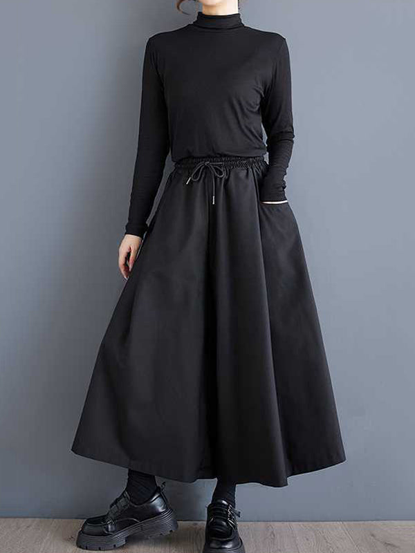 Drawstring Elasticity Pockets Solid Color A-Line High Waisted Pants Culotte