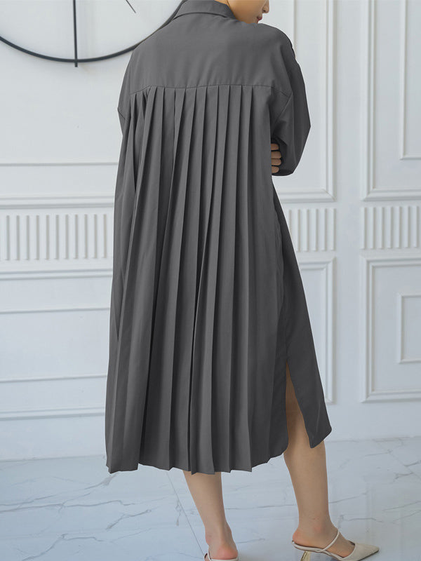 Buttoned Split-side Loose Three-quarter Sleeves Lapel Shirt Dress Midi Dresses