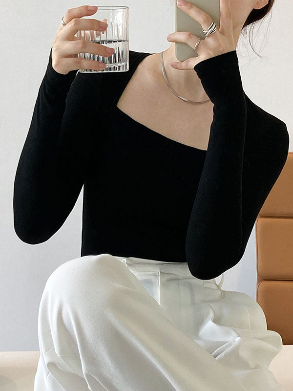 Solid Color Long Sleeves Skinny Square-neck T-Shirts Tops