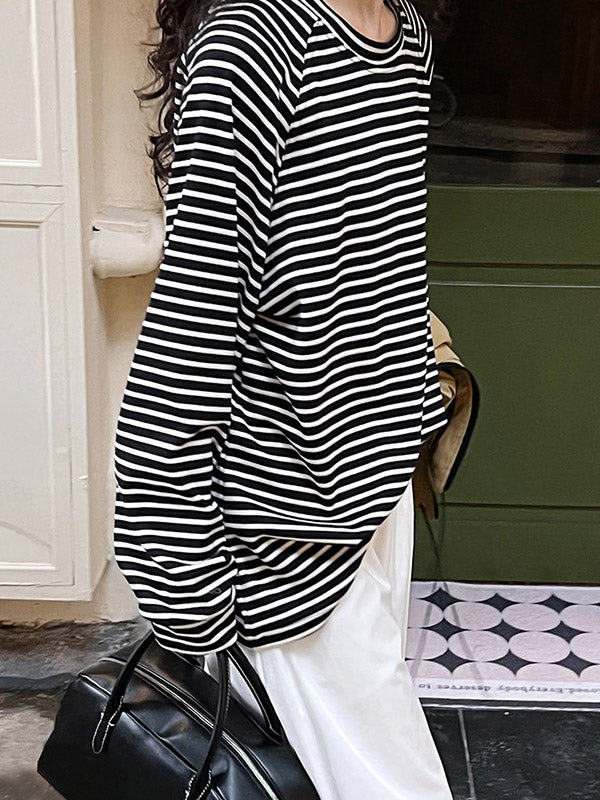 Contrast Color Striped Long Sleeves Loose Round-neck Sweatshirt Tops
