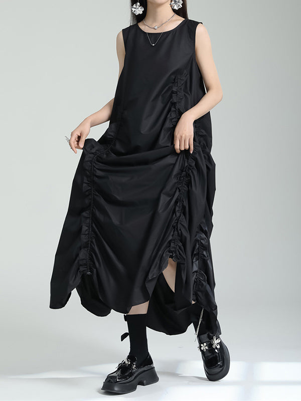 Solid Color Irregular clipping Loose Round-neck Midi Dresses
