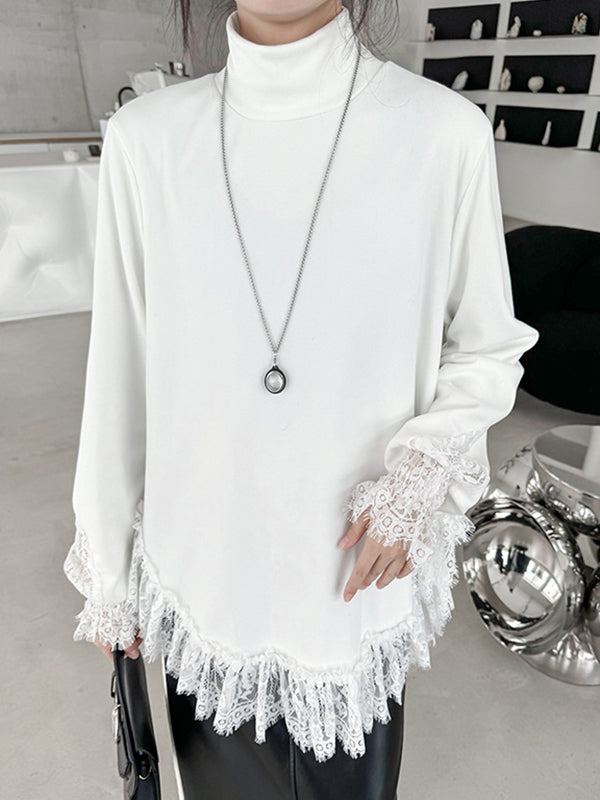 Solid Color Split-Joint Long Sleeves Loose High Neck T-Shirts Tops