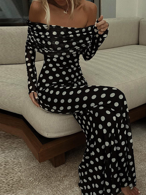 Pleated Polka-Dot Split-Joint Long Sleeves Skinny Tube Maxi Dresses