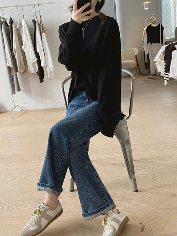 Solid Color Long Sleeves Loose Round-neck T-Shirts Tops