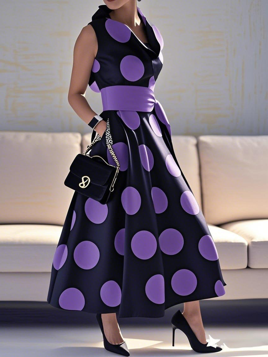 Pockets Polka-Dot Split-Joint Tied Waist A-line Loose Lapel Shirt Dress Maxi Dresses