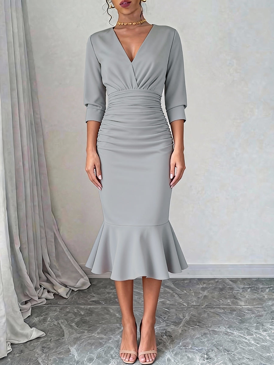 Interlace Solid Color Split-Joint Split-Side Bodycon Elasticated Waist Deep V-Neck Midi Dresses