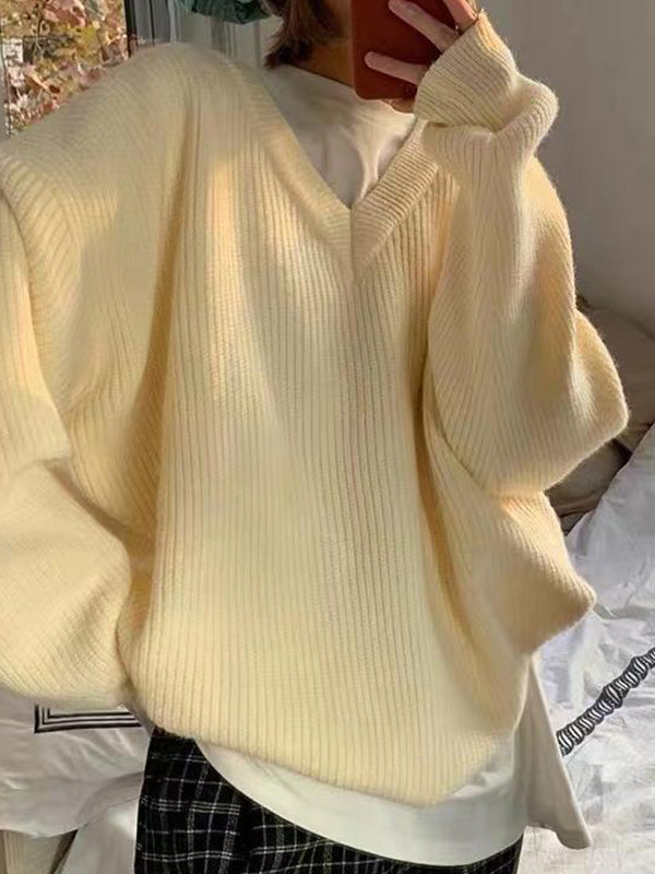 Simple Long Sleeves Loose Solid Color V-Neck Sweater Tops