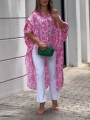 Half Sleeves High-Low Buttoned Flower Print Split-Side Lapel Blouses&Shirts Tops