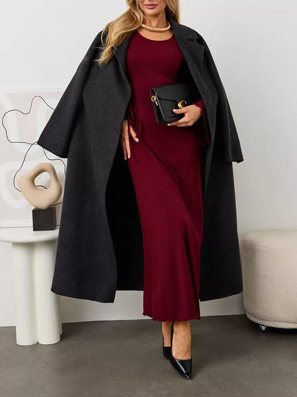 Pleated Ruffled Solid Color Split-Joint Long Sleeves Round-neck Maxi Dresses