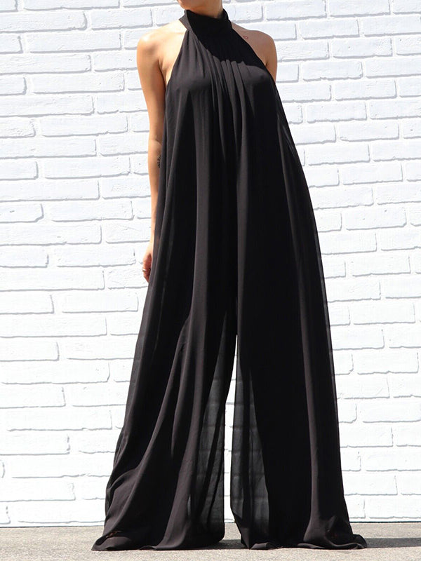 Sleeveless Wide Leg Solid Color High-Neck Jumpsuits