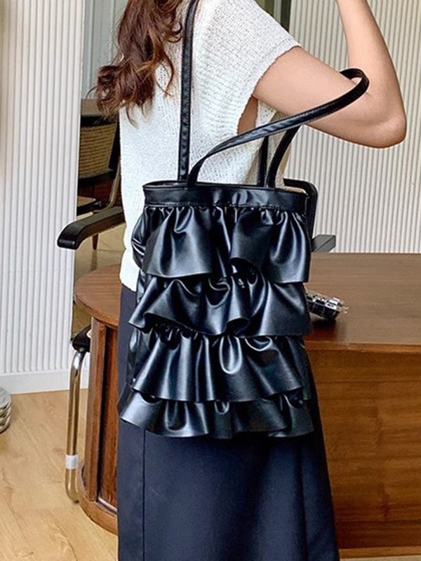 Layered Pleated Pockets Solid Color Zipper Handbags