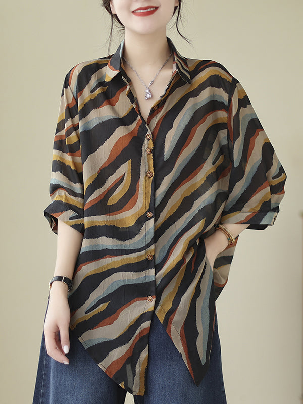 Buttoned Tied Zebra-Stripe Long Sleeves Loose Lapel Blouses&Shirts Tops